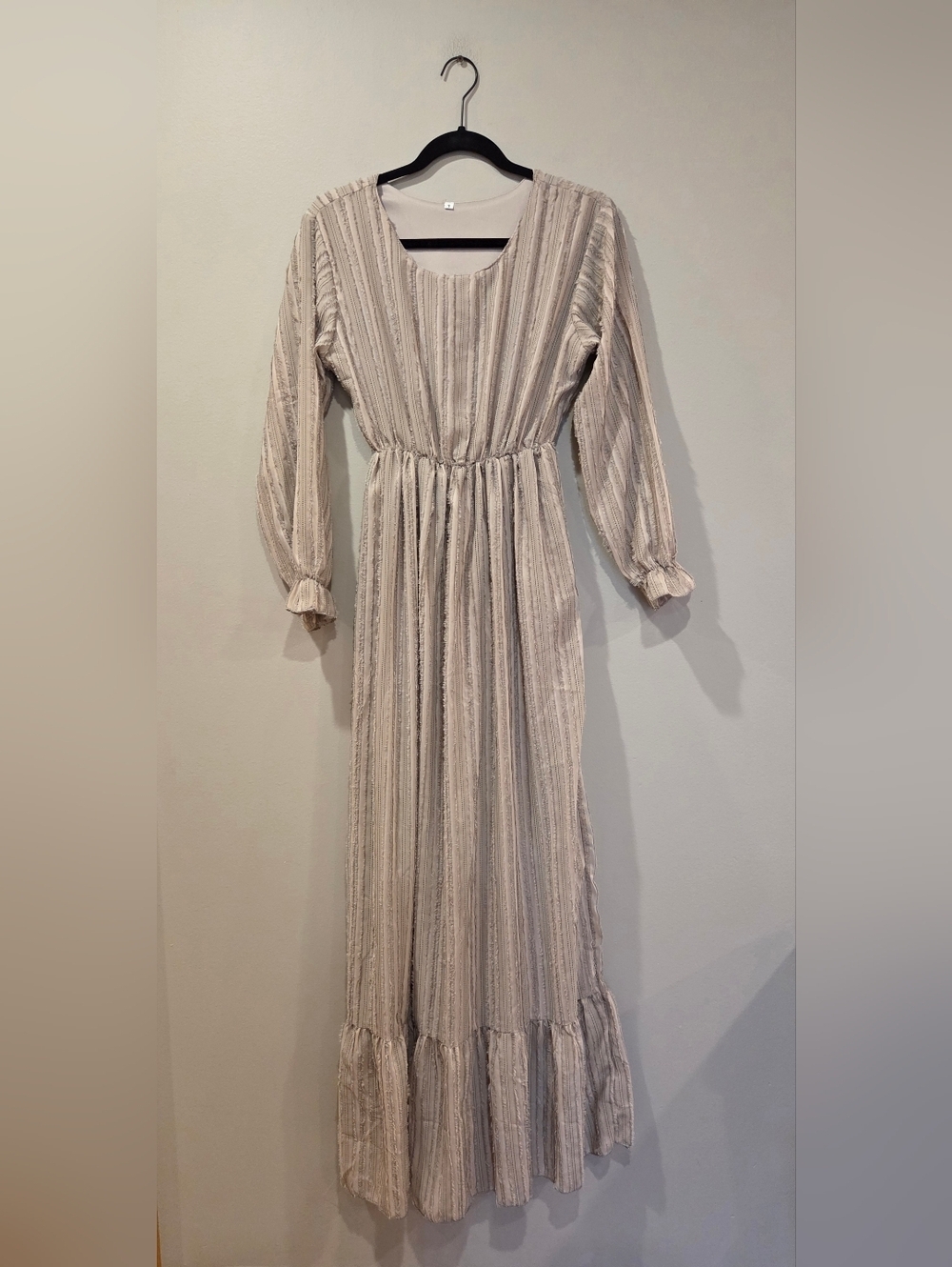 Women’s Cream Long Sleeve Maxi Dress - Lightweight Textured Stripe